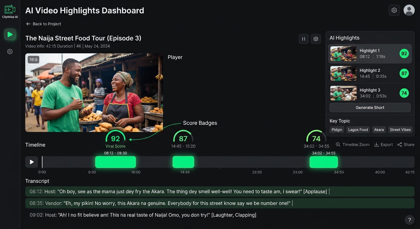 Clip Magic dashboard showing viral moments with scores