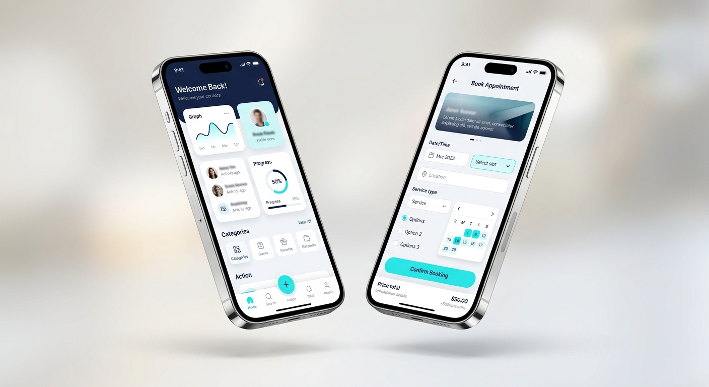 Modern mobile app UI on two smartphones
