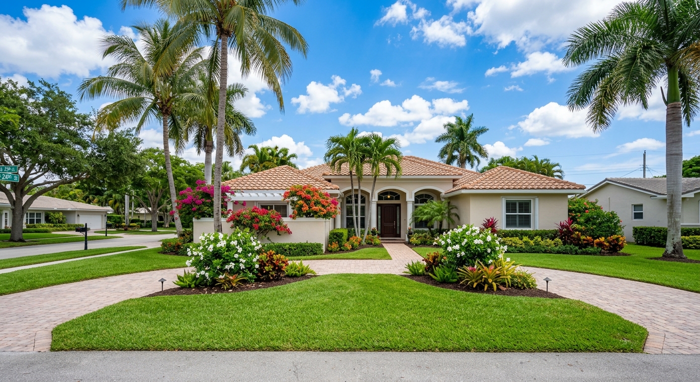 South Florida home with manicured lawn and tropical palms