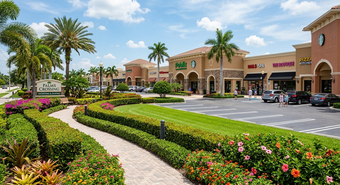 Shopping plaza professionally landscaped grounds