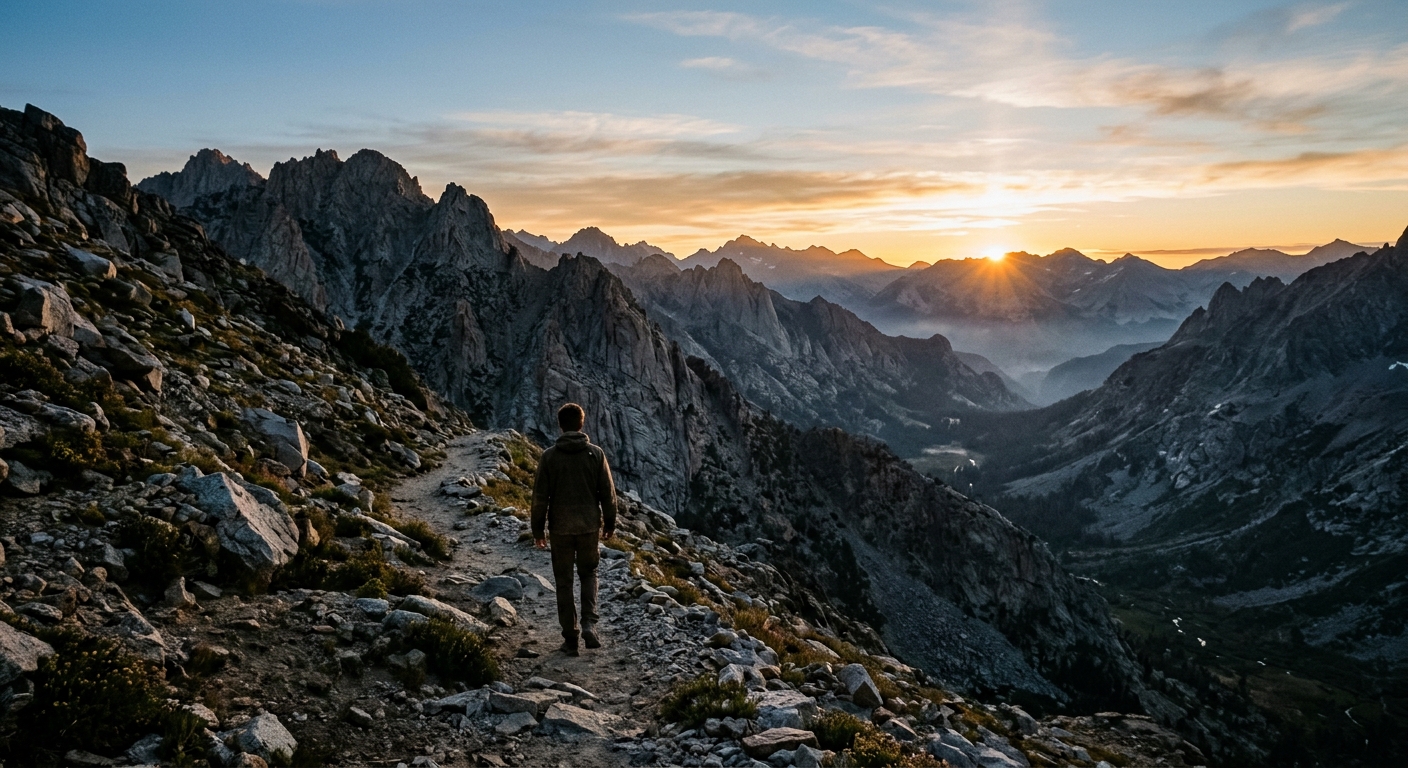 A person walking alone on a mountain trail at dawn