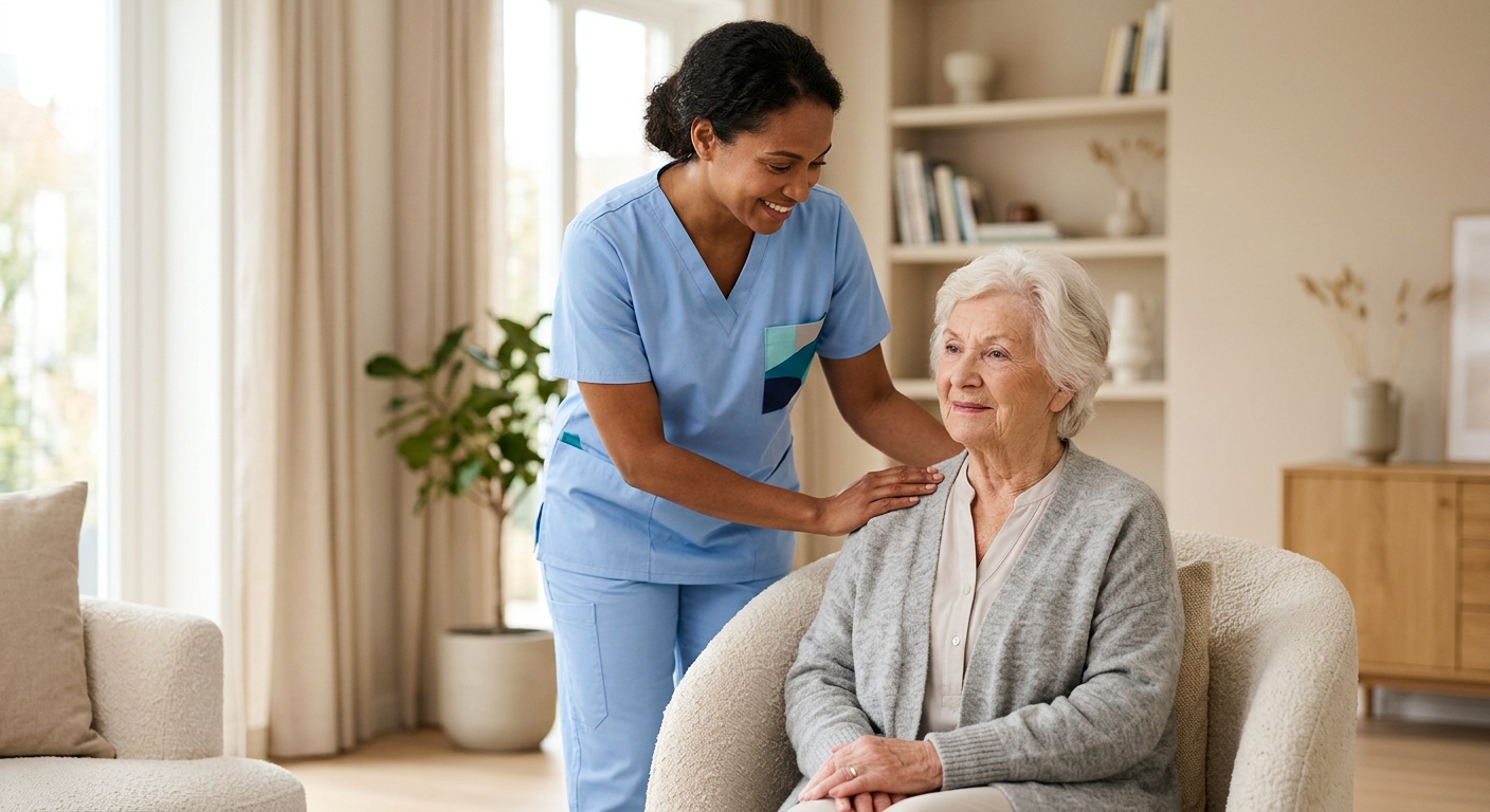 LEMN Care professional caregiver providing compassionate home care assistance to elderly woman in Metro Detroit, Michigan