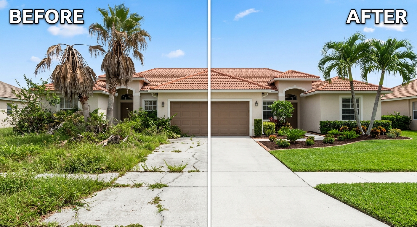 Same South Florida home — before and after professional lawn care by Kwik Klip