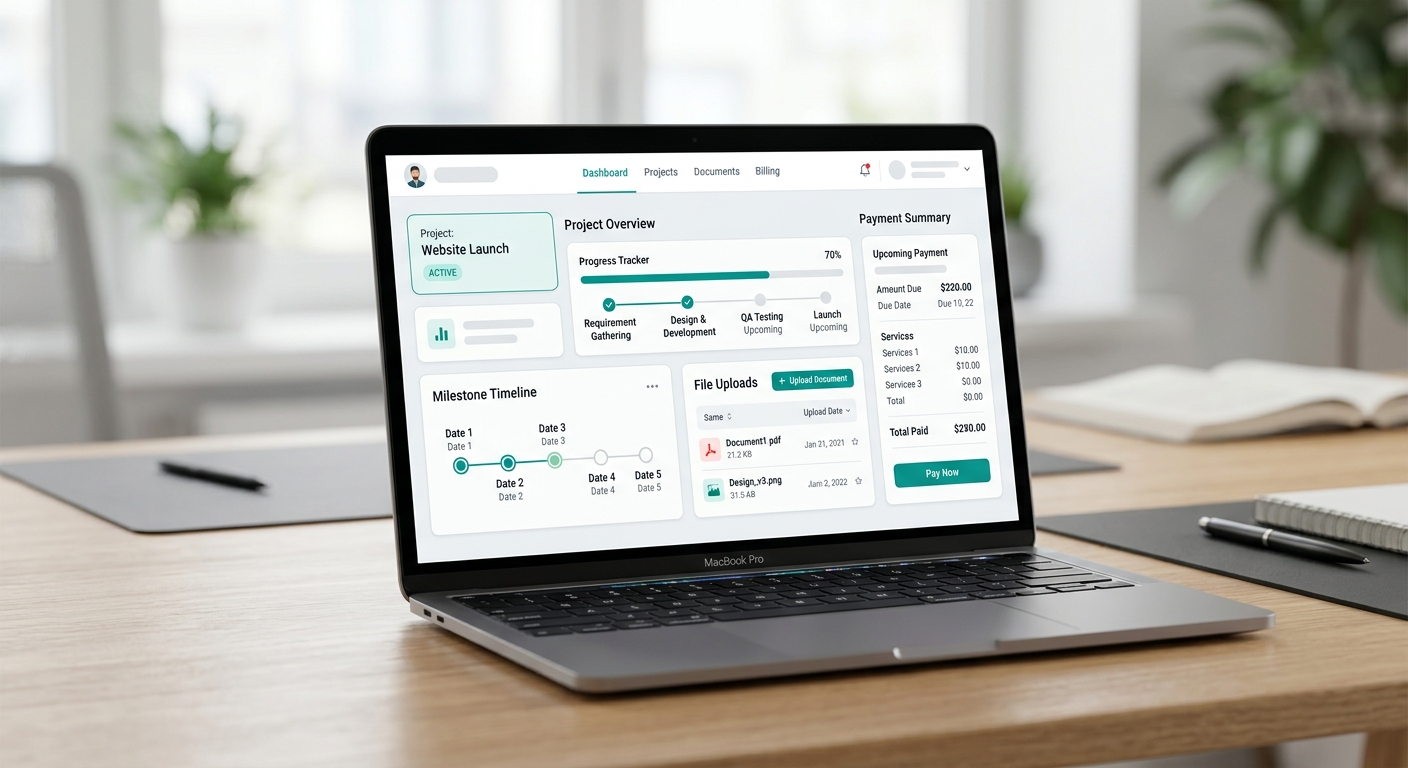 Secure client portal dashboard with progress tracking