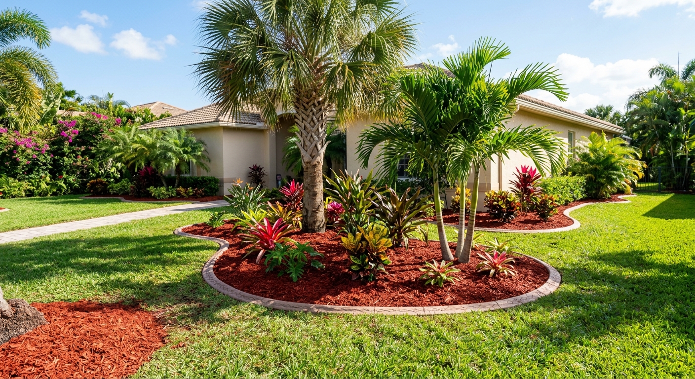 Fresh mulch installation around tropical plants