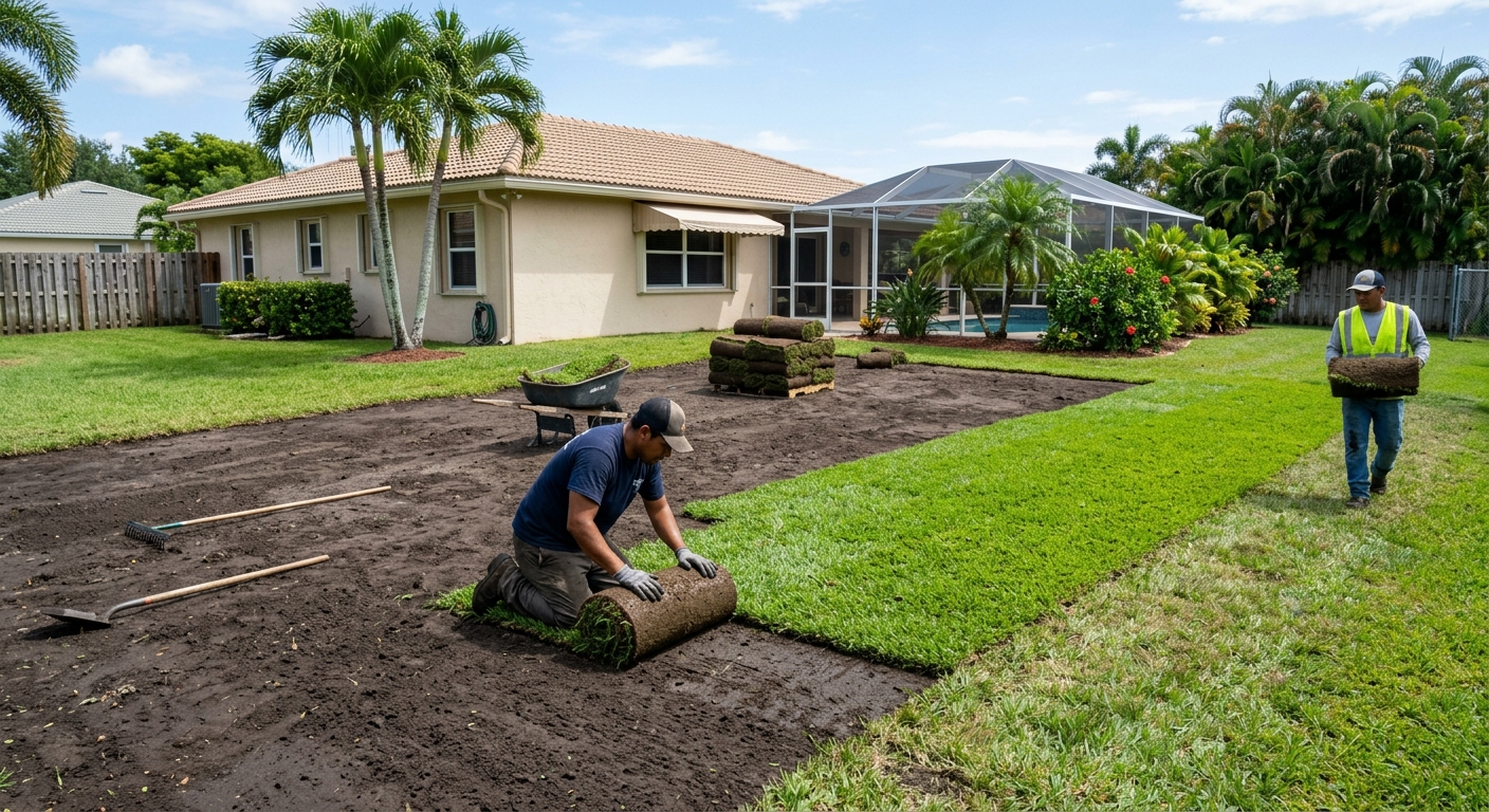 Fresh sod installation on a South Florida lawn