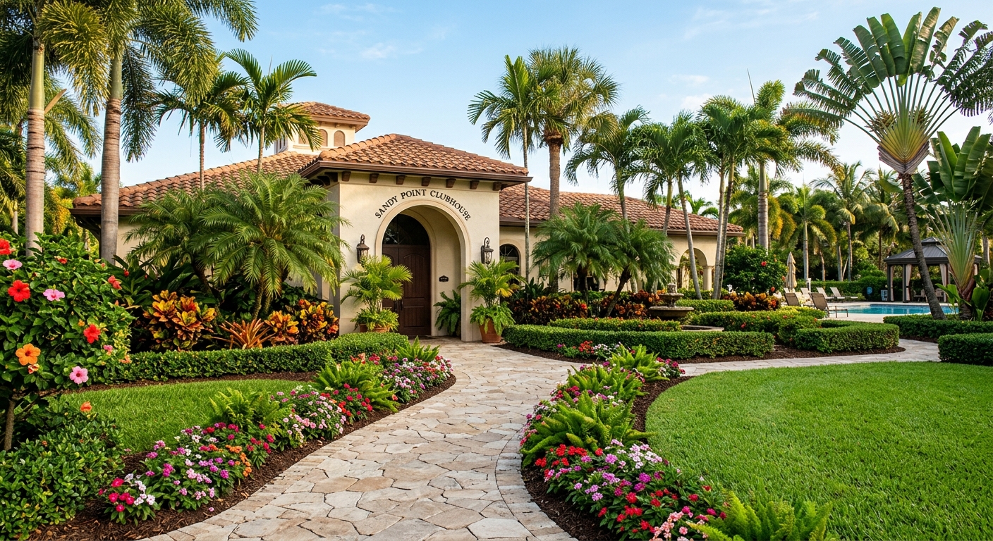HOA clubhouse with lush tropical landscaping