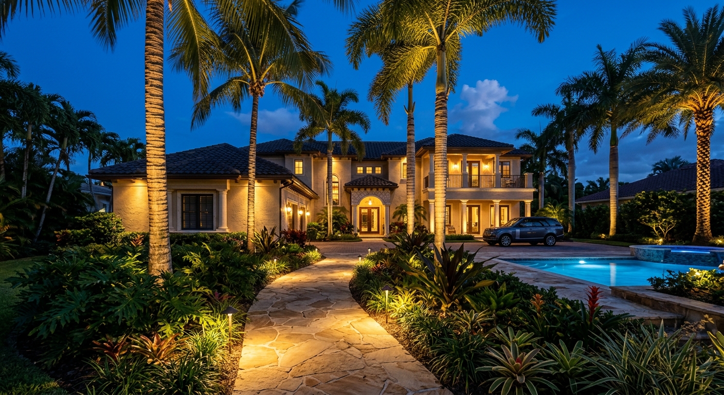 Landscape lighting installation at dusk